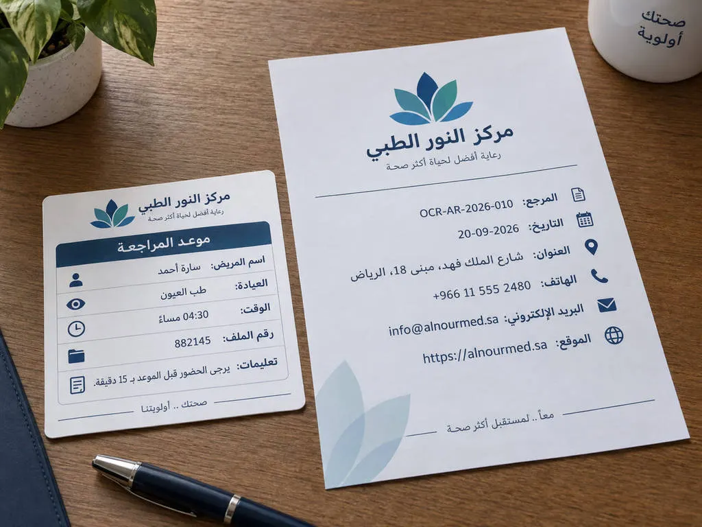 Arabic clinic sheet and appointment card used as OCR-AR-2026-010