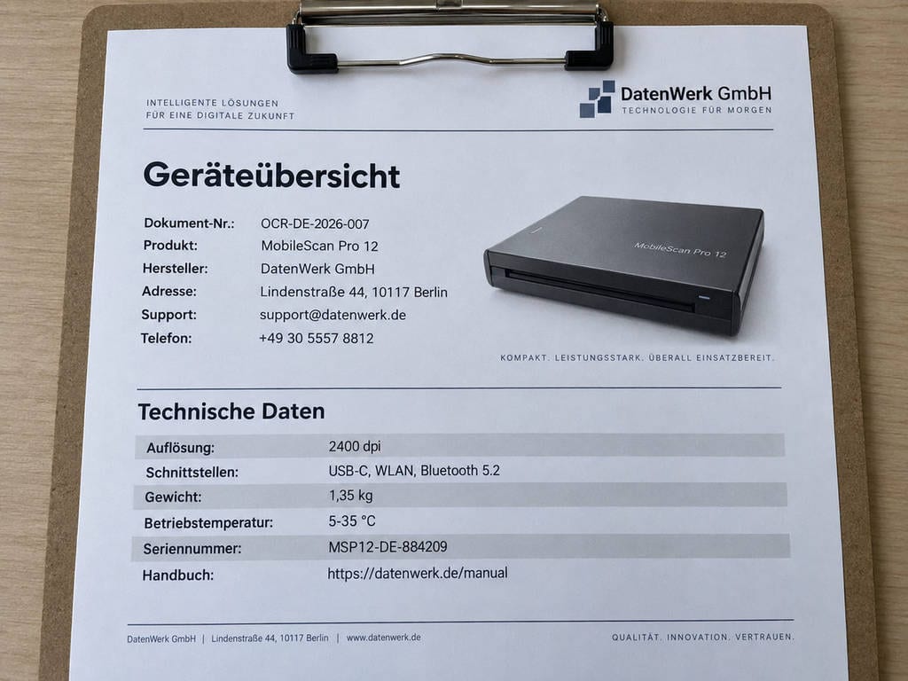 OCR-DE-2026-007 test fixture: Technical product sheet on clipboard