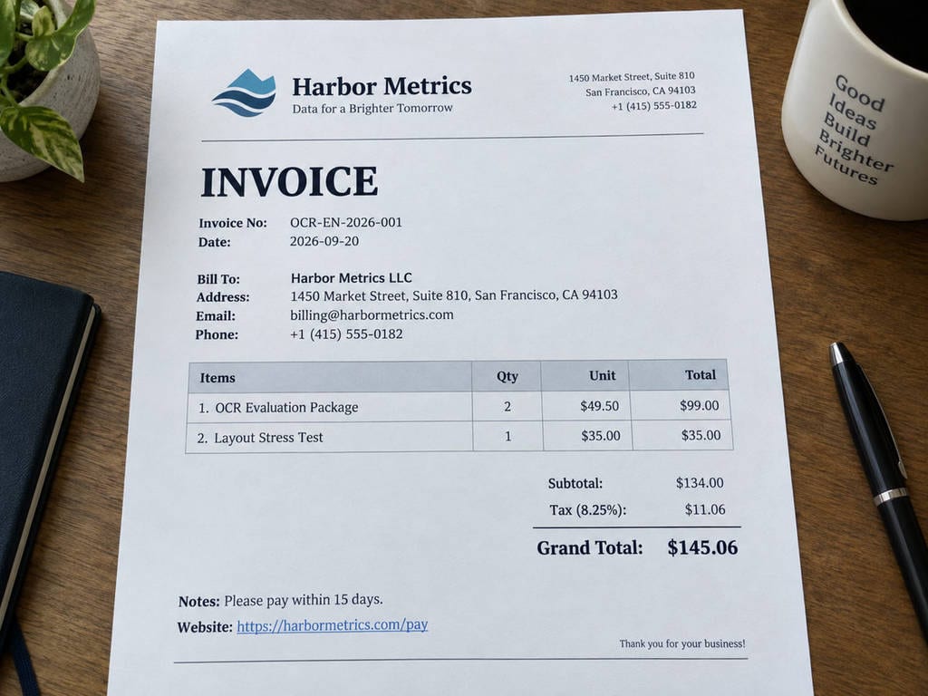 OCR-EN-2026-001 test fixture: Office invoice photographed on a desk