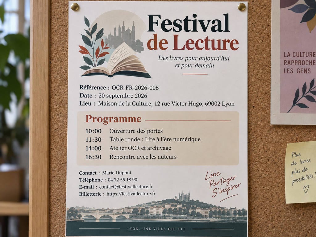 OCR-FR-2026-006 test fixture: Cultural event flyer on cork board