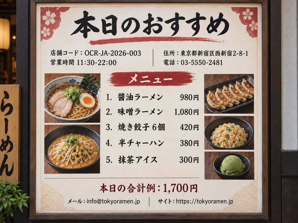 OCR-JA-2026-003 test fixture: Restaurant menu board