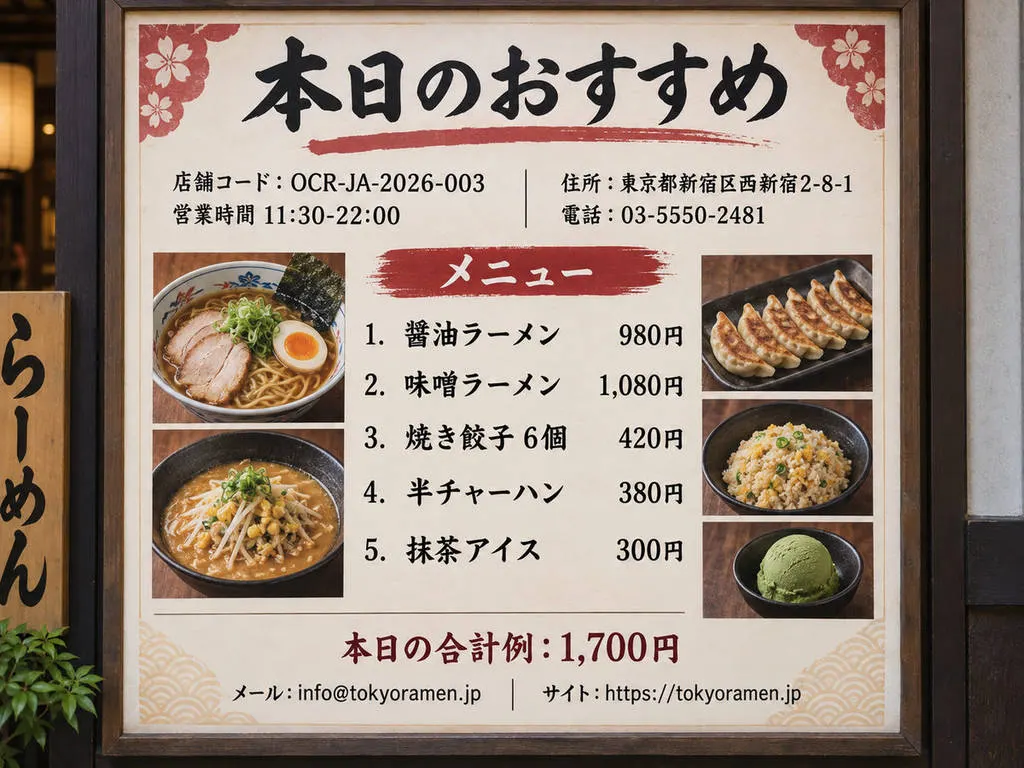 Restaurant menu board used as OCR-JA-2026-003