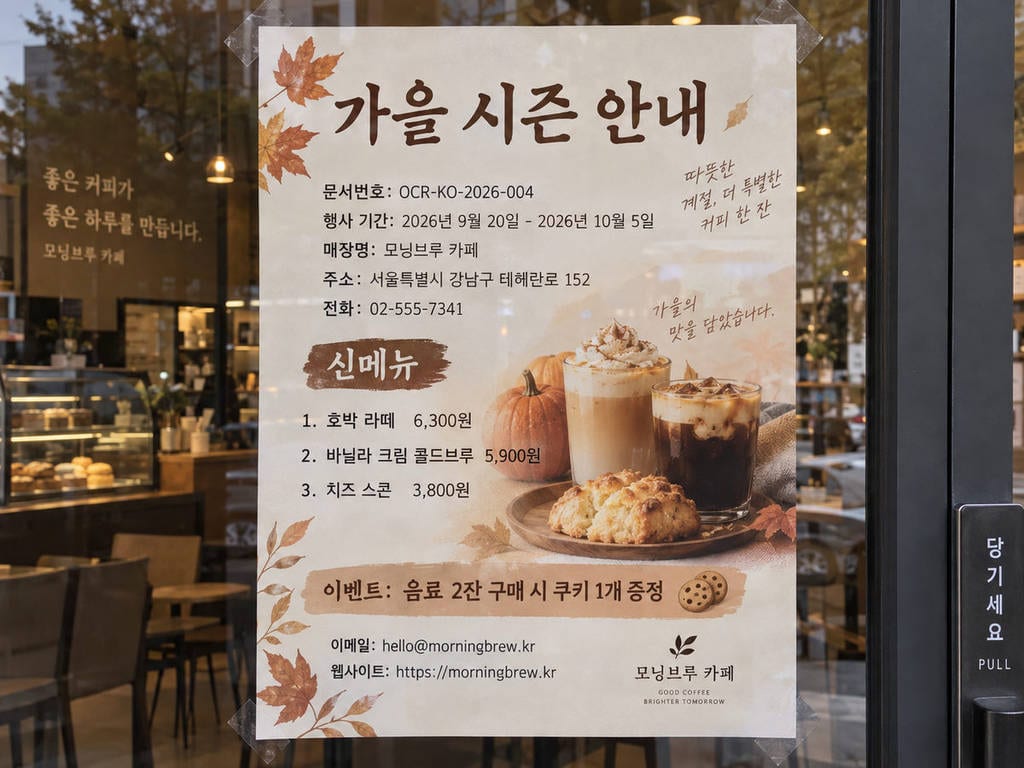 OCR-KO-2026-004 test fixture: Cafe poster taped to glass