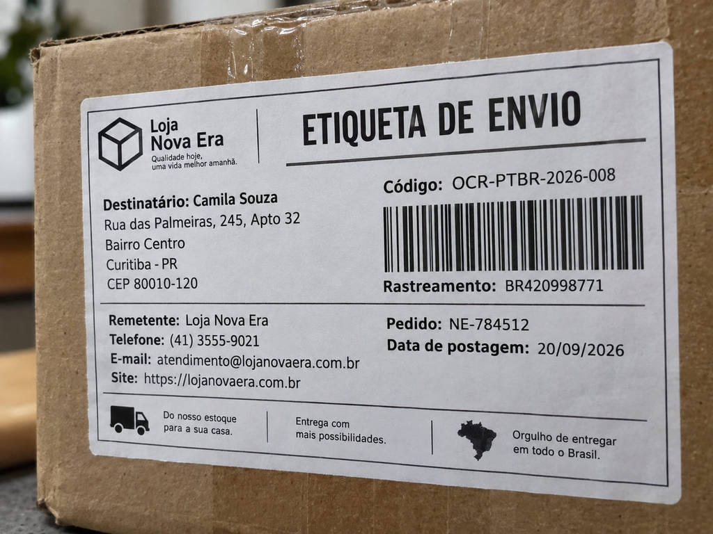 OCR-PTBR-2026-008 test fixture: Shipping label on cardboard parcel