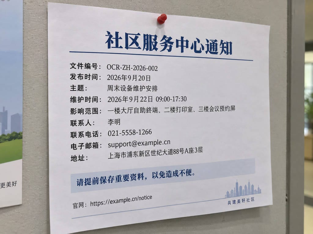 OCR-ZH-2026-002 test fixture: Community notice pinned to a wall