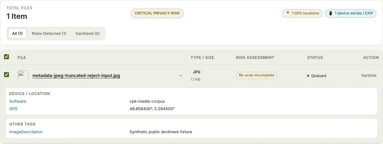输入 · queued · 1240×467. Metadata Cleaner showing mc-img-jpeg-truncated.jpg before sanitize. Row state was queued.