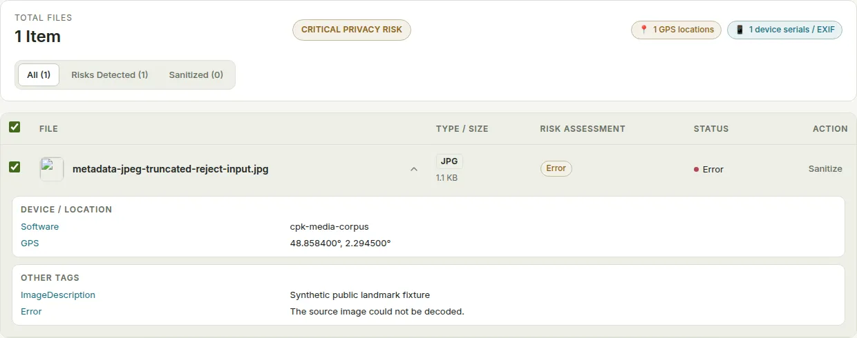 输出 · error · 1240×490. Metadata Cleaner row for mc-img-jpeg-truncated.jpg showed error.