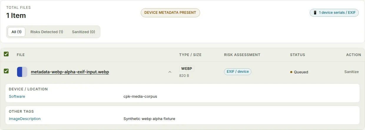 输入 · queued · 1240×443. Metadata Cleaner showing mc-img-webp-alpha-exif.webp before sanitize. Row state was queued.