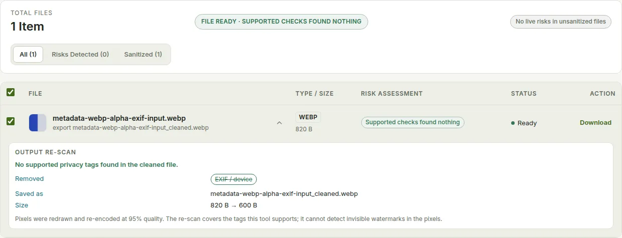 输出 · ready · 1240×475. Metadata Cleaner after mc-img-webp-alpha-exif.webp reached ready.