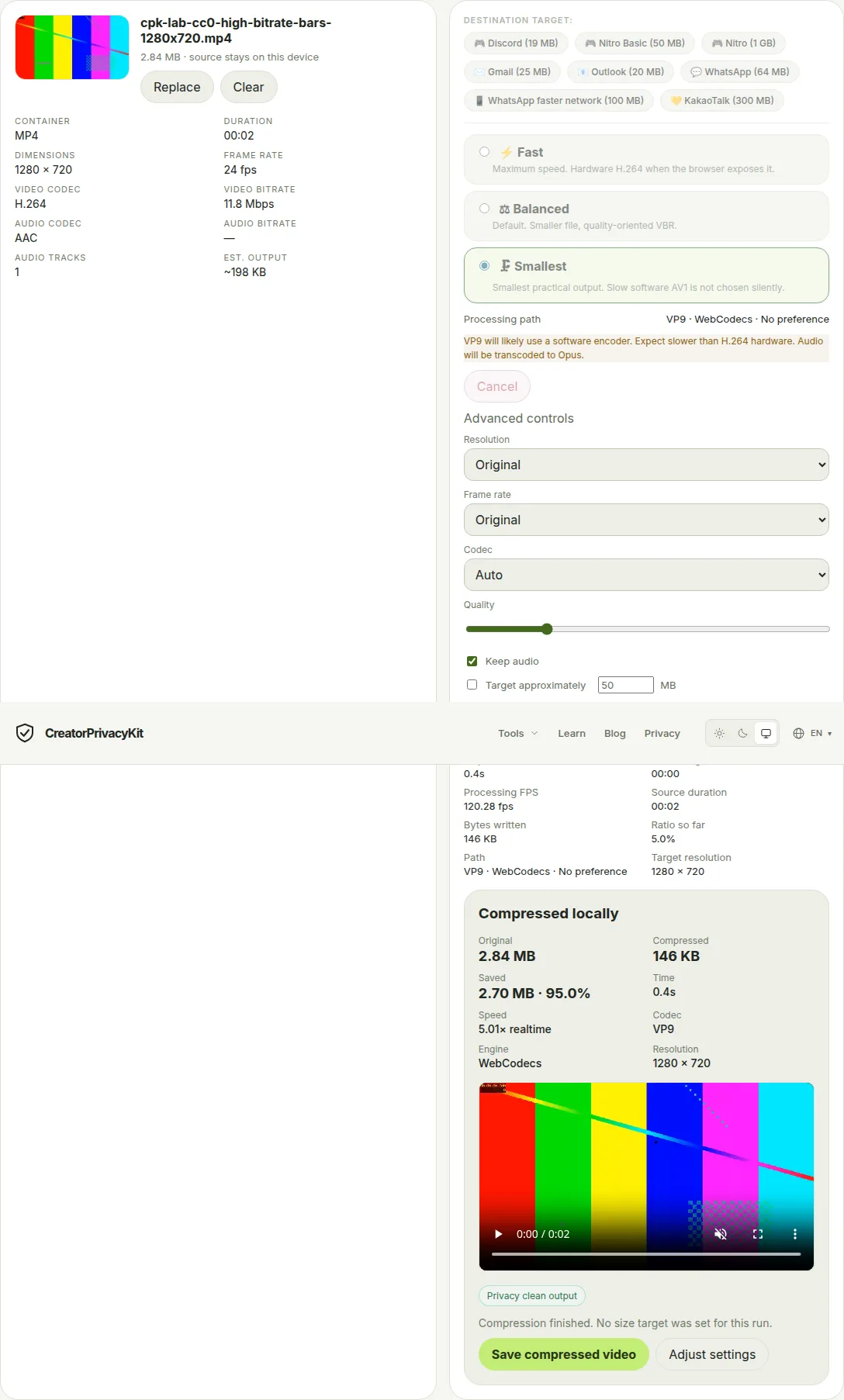 Output · done · 1088×1805. Video compressor result for cpk-lab-cc0-high-bitrate-bars-1280x720.mp4. Output 149460 bytes, input 2976898 bytes.