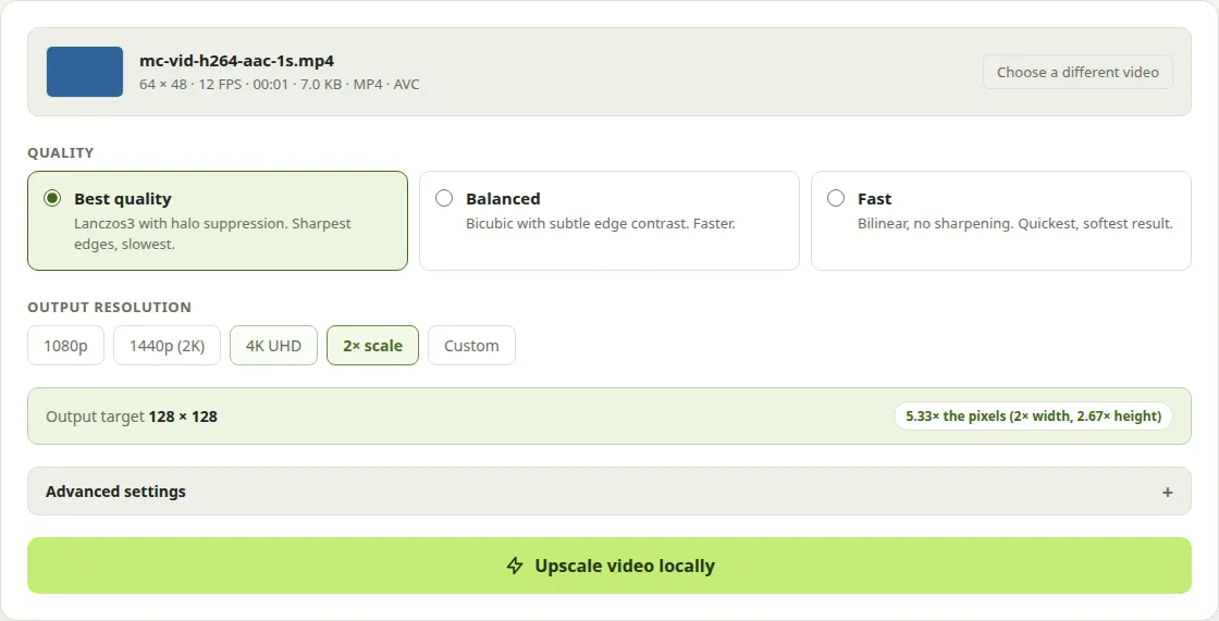 Eingabe · settings visible · 1120×571. Video upscaler for mc-vid-h264-aac-1s.mp4. Target text 128 × 128. Quality high. Sharpen off.