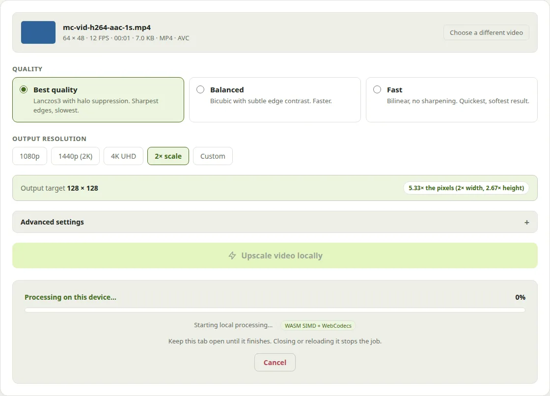 Verarbeitung · running progress 0% · 1120×806. upscaling-mc-vid-001-limitation while the page showed running progress 0%.
